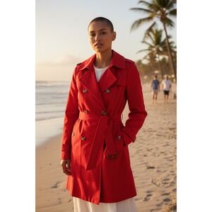Calvin Klein Women Red Double Breasted Belted Trench Coat XL Vintage